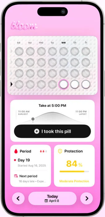 Bloom’s pink iPhone interface with its pill tracker and daily overview